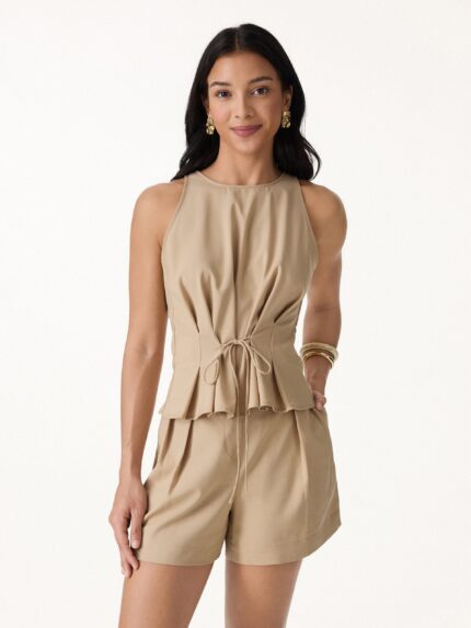 Summer Linen Pleated Self-Tie Top