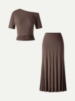 2Pcs Set CoolTouch Short Sleeve Top & Maxi Flared Skirt - Image 10