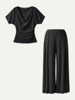 2Pcs Set Cowl Neck Ruched Top & Wide Leg Palazzo Pant with Pockets - Image 16