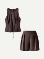 2Pcs Set Pleated Self-Tie Top & Tailored Shorts with Pockets - Image 8