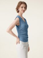 Stretch Cotton V-neck Side Ruched Muscle Bra Top - Image 3
