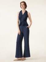 2Pcs Set Collared V-neck Sleeveless Top & Mid Rise Flared Pant with Pockets - Image 5