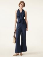 2Pcs Set Collared V-neck Sleeveless Top & Mid Rise Flared Pant with Pockets - Image 4