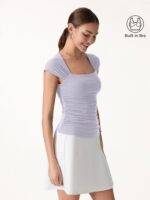 Cool-Touch Square Neck Cap Sleeve Ruched Bra Top