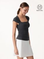 Cool-Touch Square Neck Cap Sleeve Ruched Bra Top - Image 4