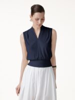 Cotton-Viscose V-neck Stand Collar Sleeveless Top - Image 12