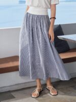 Striped Poplin High Rise Umbrella Midi Skirt with Pockets - Image 2
