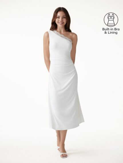Lace Trim One Shoulder Ruched Bra Dress