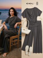 2Pcs Set Cowl Neck Ruched Top & Wide Leg Palazzo Pant with Pockets - Image 13