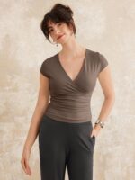 Surplice Cap Sleeve Side Ruched Fitted Tee - Image 10