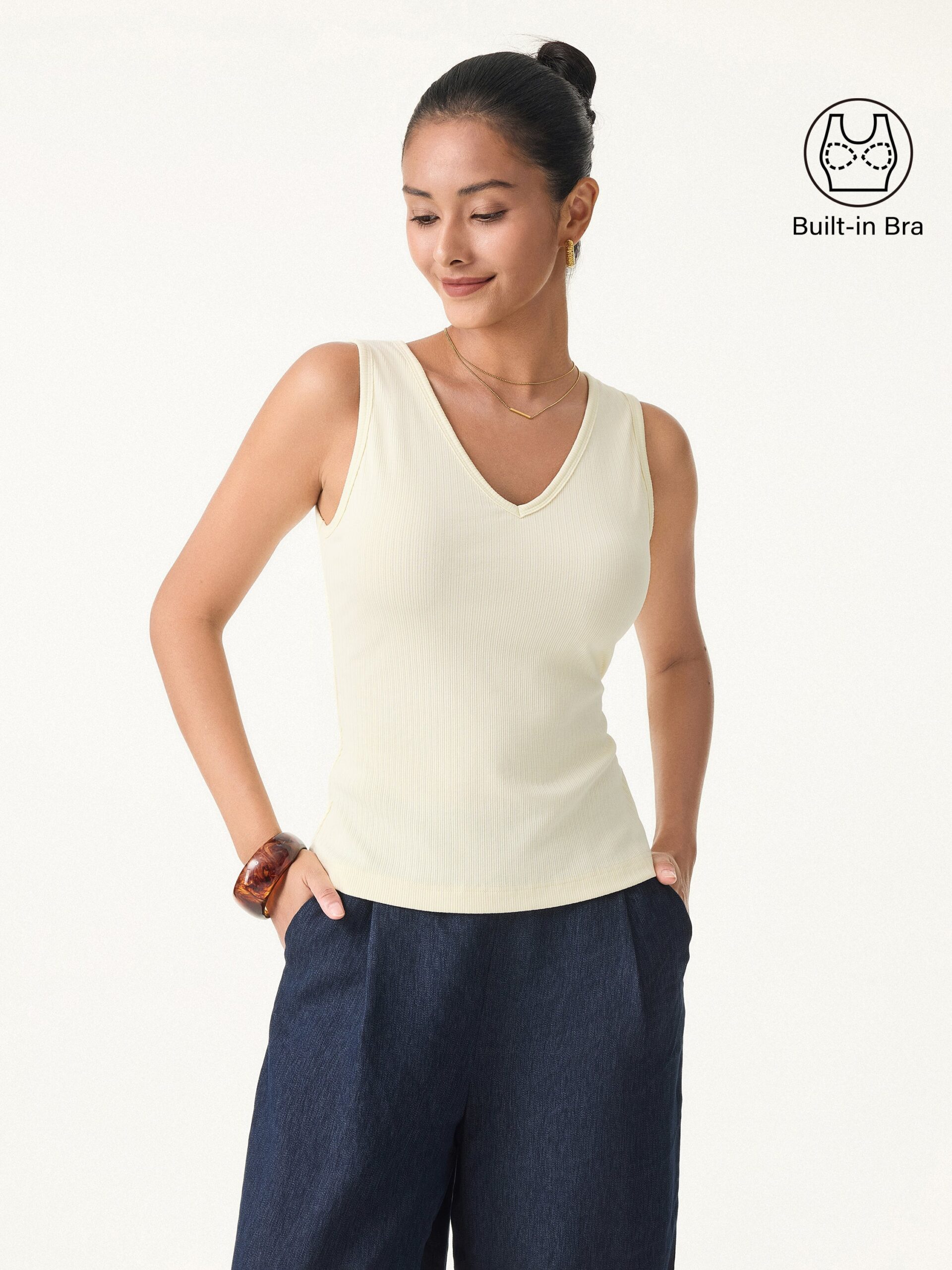 2666d33bee2f4ea7d80878d212239c36_0d360704-fb9f-4945-ac00-94bff65aa6fa Stretch Cotton Pointelle V-neck Sleeveless Bra Tank - Image 1