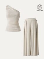 2Pcs Set Regular Wide Leg Palazzo Pant with Pockets & Ruched Bra Tank - Image 2