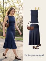 2Pcs Set Open Back Bra Tank & Side Ruched A-line Midi Skirt - Image 6
