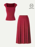 2Pcs Set Square Neck Bra Top & Midi Skirt with Pockets - Image 2