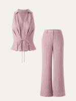 2Pcs Set Collared V-neck Sleeveless Top & Mid Rise Flared Pant with Pockets - Image 8