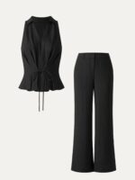 2Pcs Set Collared V-neck Sleeveless Top & Mid Rise Flared Pant with Pockets - Image 11