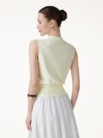Cotton-Viscose V-neck Stand Collar Sleeveless Top - Image 4