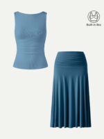 2Pcs Set Open Back Bra Tank & Side Ruched A-line Midi Skirt - Image 8