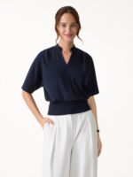 2Pcs Set Stand Collar V-Neck Top & Wrinkle-Resistant Tapered Pant - Image 3
