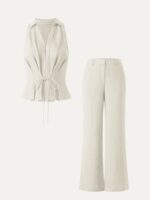 2Pcs Set Collared V-neck Sleeveless Top & Mid Rise Flared Pant with Pockets - Image 10