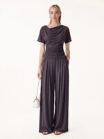 2Pcs Set Cowl Neck Ruched Top & Wide Leg Palazzo Pant with Pockets