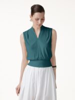 Cotton-Viscose V-neck Stand Collar Sleeveless Top - Image 9