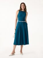 Boatneck Pleated Fit-and-Flare Midi Bra Dress with Pockets - Image 2