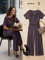 2Pcs Set Cowl Neck Ruched Top & Wide Leg Palazzo Pant with Pockets - Image 3