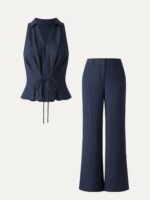 2Pcs Set Collared V-neck Sleeveless Top & Mid Rise Flared Pant with Pockets - Image 3