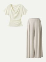 2Pcs Set Cowl Neck Ruched Top & Wide Leg Palazzo Pant with Pockets - Image 11