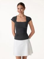 Cool-Touch Square Neck Cap Sleeve Ruched Bra Top - Image 3
