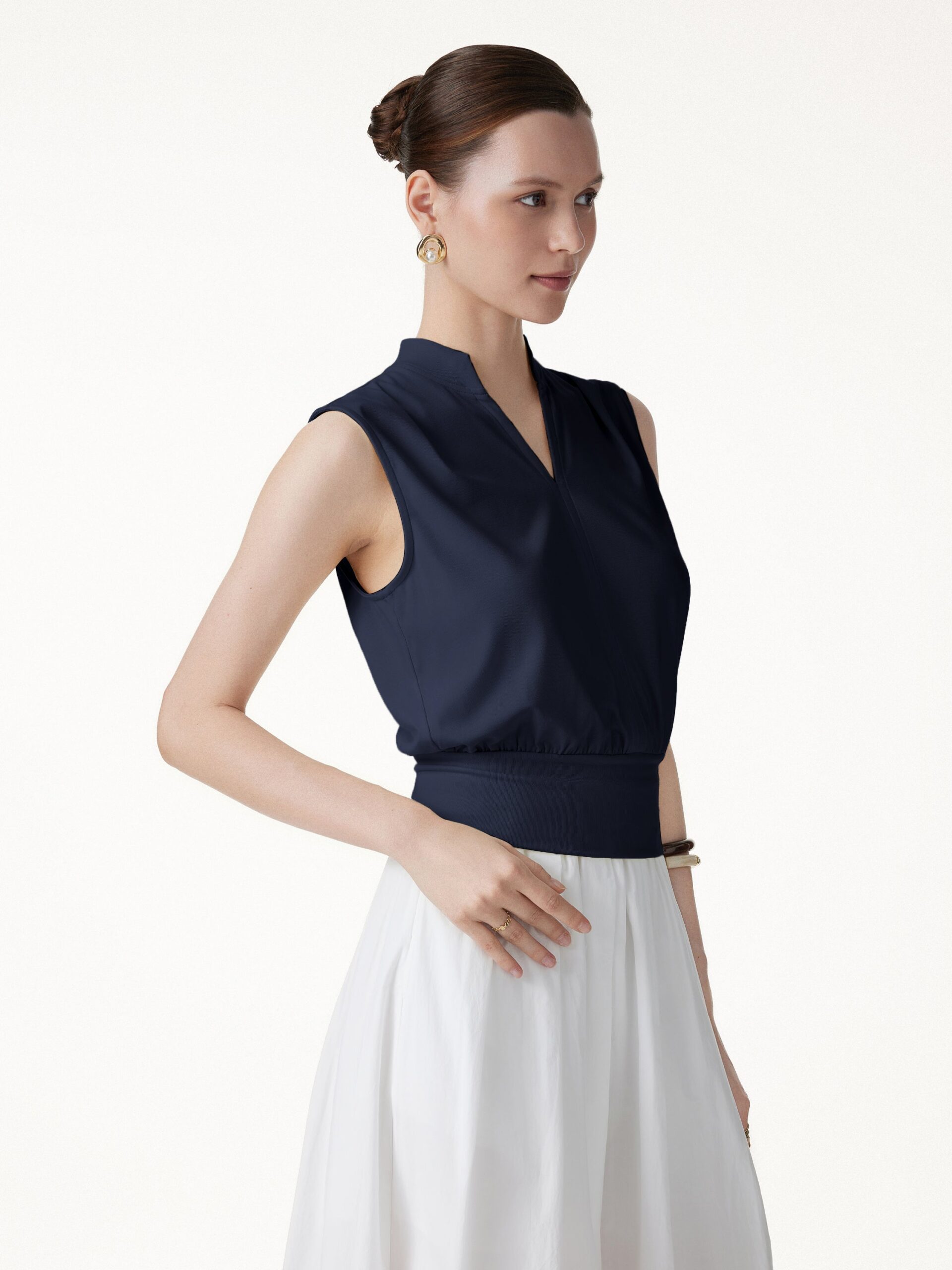 B-1_96ac8e83-0629-4fc2-bbec-4f5ad872ae3f Cotton-Viscose V-neck Stand Collar Sleeveless Top - Image 1