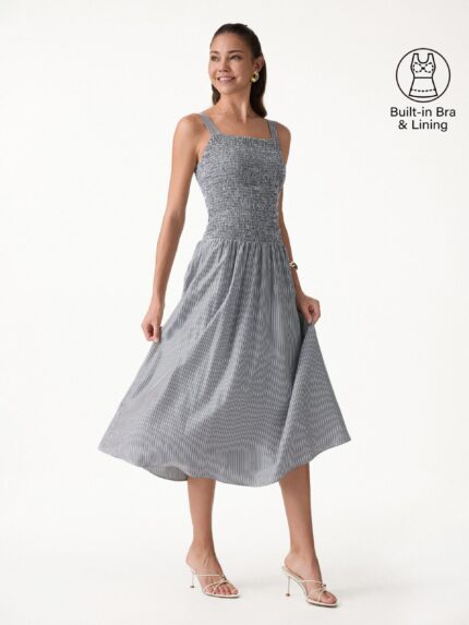 Striped Poplin Square Neck Smocked Midi Bra Dress