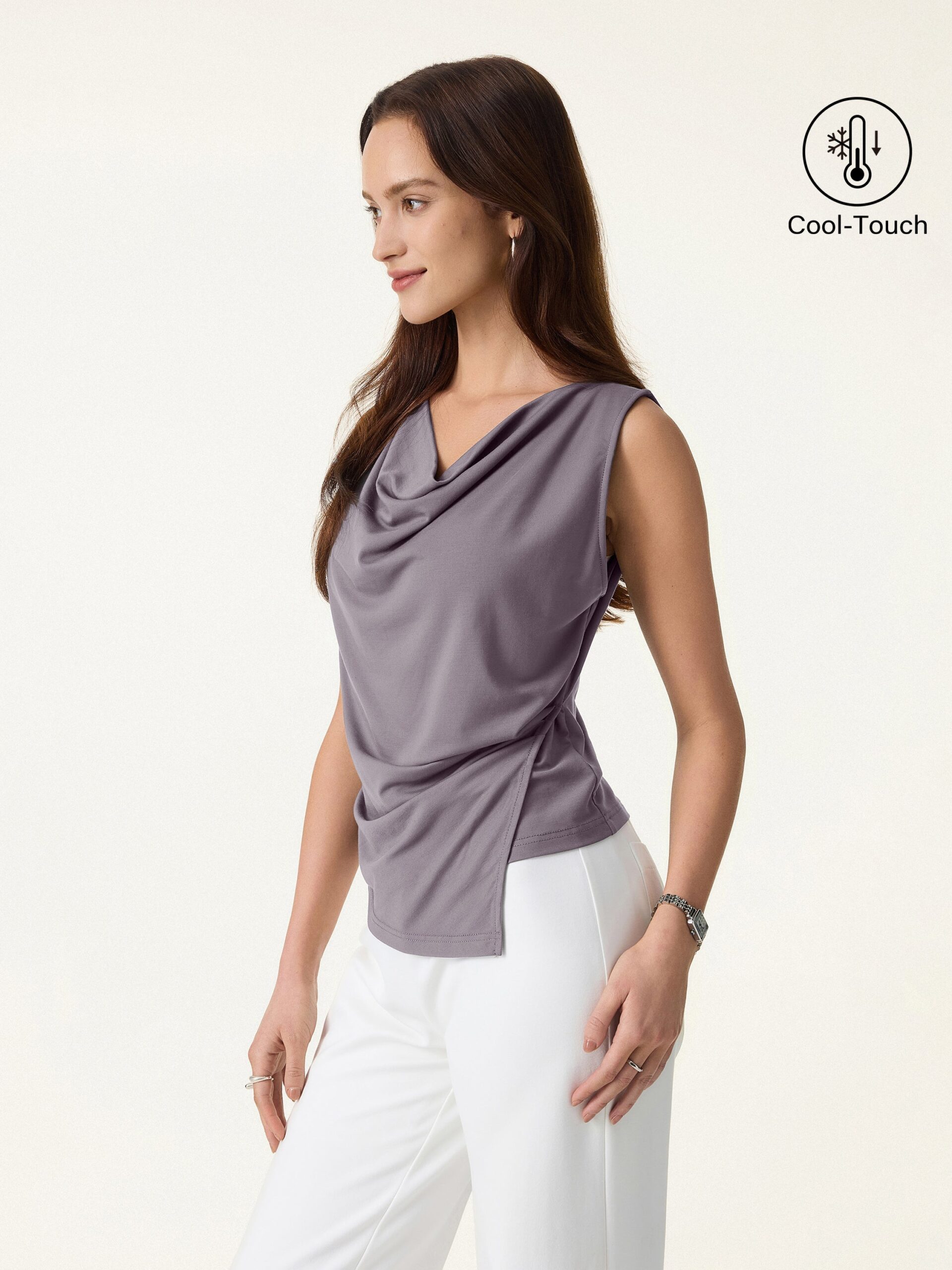 B_3_1a7a8f0e-e67b-4f83-ad4f-431cfd6469f9 Cowl Neck Asymmetrical Tucked Sleeveless Top - Image 1