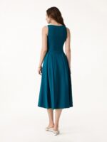 Boatneck Pleated Fit-and-Flare Midi Bra Dress with Pockets - Image 4