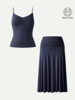 2Pcs Set Front Tucked Spaghetti Brami & A-line Midi Skirt - Image 2