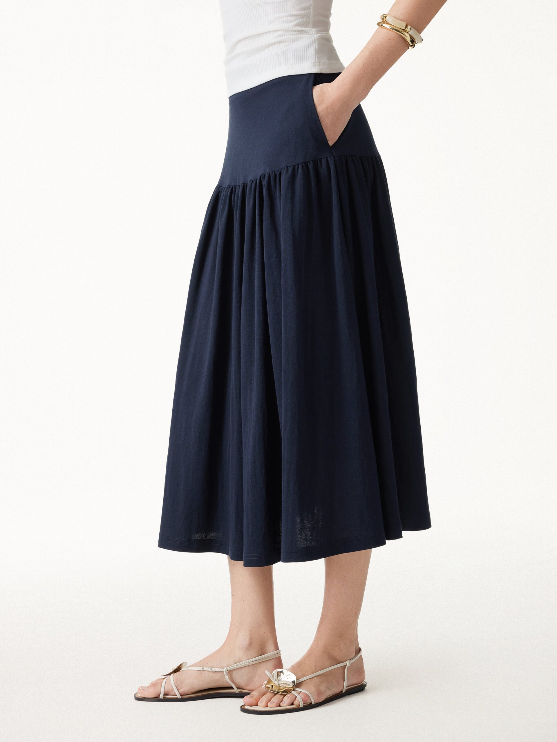 b8d06874c46bbfd3774c65ee614a2af1 Cotton-Linen Gathered Midi Skirt with Pockets - Image 1
