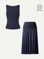 2Pcs Set Open Back Bra Tank & Side Ruched A-line Midi Skirt - Image 7