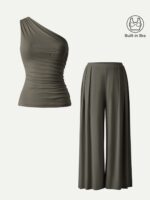 2Pcs Set Regular Wide Leg Palazzo Pant with Pockets & Ruched Bra Tank - Image 11