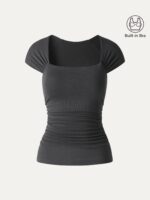 Cool-Touch Square Neck Cap Sleeve Ruched Bra Top - Image 8
