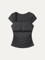 Cool-Touch Square Neck Cap Sleeve Ruched Bra Top - Image 7