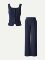 2Pcs Set Square Neck Waistcoat with Pockets & Wide Leg Ankled Pant - Image 9