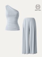 2Pcs Set Regular Wide Leg Palazzo Pant with Pockets & Ruched Bra Tank - Image 8