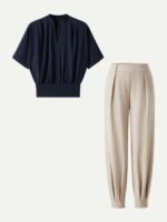 2Pcs Set Stand Collar V-Neck Top & Wrinkle-Resistant Tapered Pant - Image 9