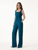 2Pcs Set Square Neck Waistcoat with Pockets & Wide Leg Ankled Pant - Image 3