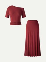 2Pcs Set CoolTouch Short Sleeve Top & Maxi Flared Skirt - Image 2