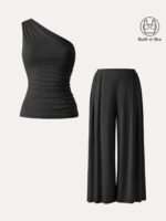 2Pcs Set Petite Wide Leg Palazzo Pant with Pockets & Ruched Bra Tank - Image 10