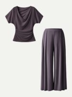 2Pcs Set Cowl Neck Ruched Top & Wide Leg Palazzo Pant with Pockets - Image 2