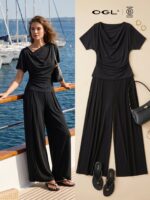 2Pcs Set Cowl Neck Ruched Top & Wide Leg Palazzo Pant with Pockets - Image 15