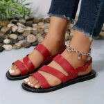 Vegan Leather Flat Sandals with Three-Strap Design - Image 2